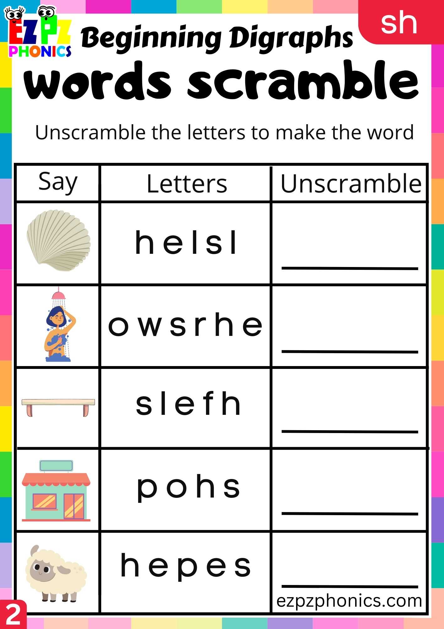 Group2 SH Words Words Scramble Consonant Digraphs Phonics Beginning Worksheet